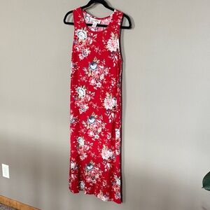 Vintage Red Floral Red Midi/Maxi Linen Blend Dress M/L